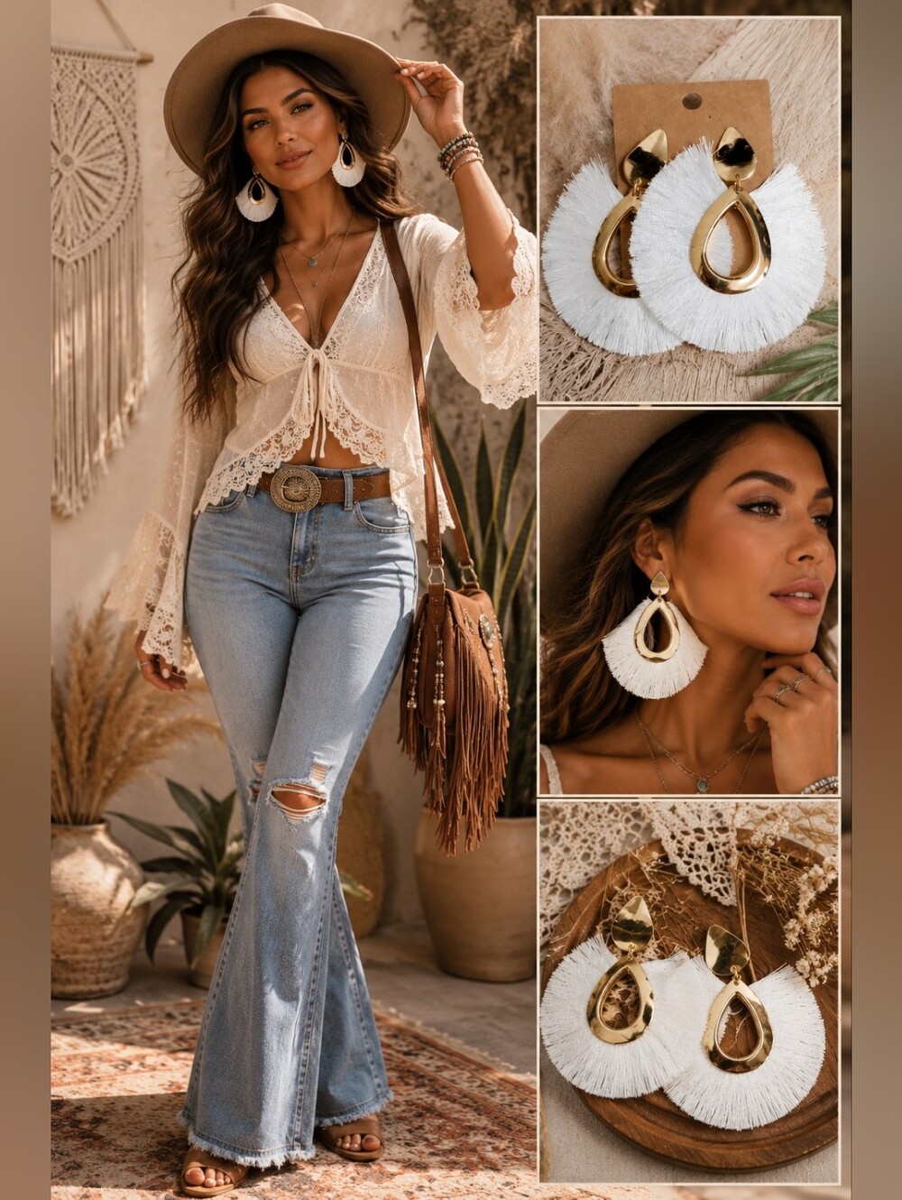 White Boho Fringe Water Drop Earrings | Gold Teardrop Statement Tassel Earrings